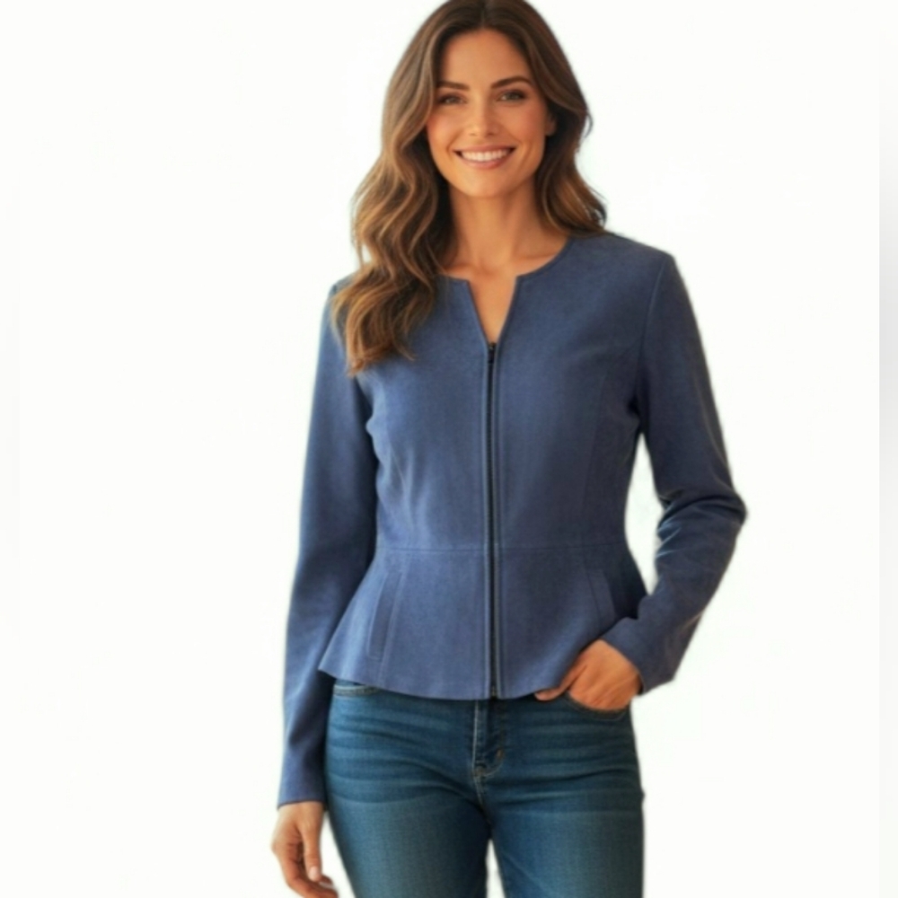 ELLEN FIGG Faux Suede Zip-Front Blazer Top. Dusty Blue. Size 6 Made in USA
